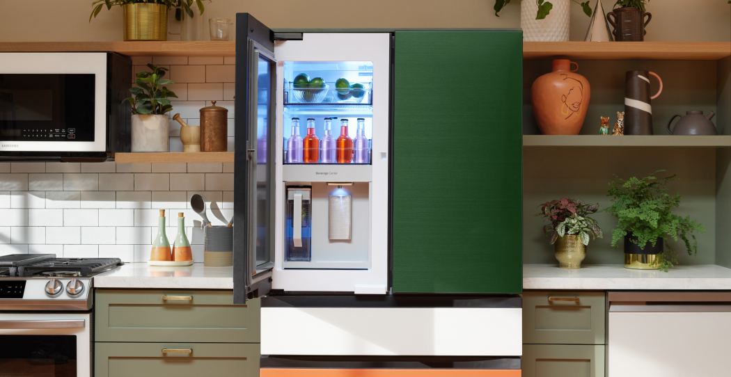 a modern color-block refrigerator in green, white and orange